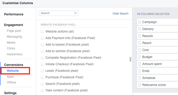 Lägg till standardhändelseåtgärder i din Facebook Ads Manager-rapportering.