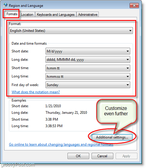 Windows 7-skärmdump ändrar inställningarna för region och språkformat