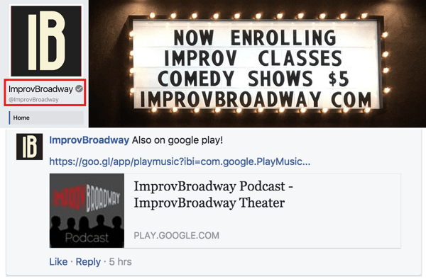 Lägg märke till att ImprovBroadways Facebook-sida har en grå bock bredvid namnet högst upp; det visas dock inte bredvid namnet i inlägg eller kommentarer.