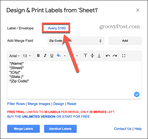 google sheets etiketttyp