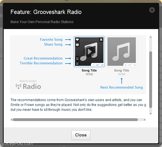 använd Grooveshark reccomendation-motor via Grooveshark radio