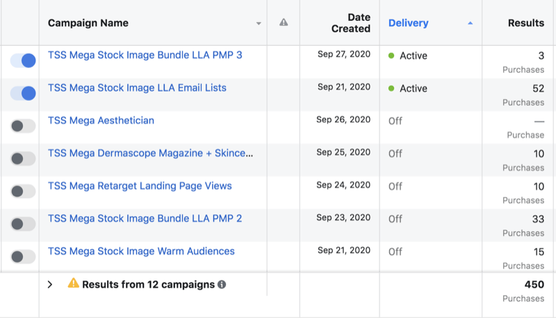 exempel på facebook-annonskampanjer som visar 2 uppsättningar aktiva inklusive en version 3 av en viss annonsuppsättning medan 5 är inaktiva inklusive en version 2 av den noterade annonsuppsättningen