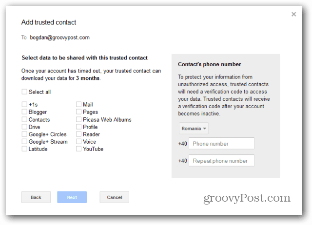 Googles inaktiva kontohanterare kontaktverifiering