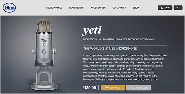 Dusty Porter rekommenderar att du uppgraderar till en USB-mikrofon som Blue Yeti. På den blå försäljningssidan för Yeti-mikrofonen visas en bild av en krommikrofon på ett stativ mot en mörkgrå bakgrund. Priset är listat som $ 129,00.