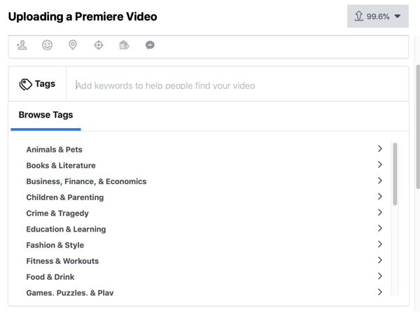 Så här ställer du in Facebook Premiere, steg 4, videotaggar