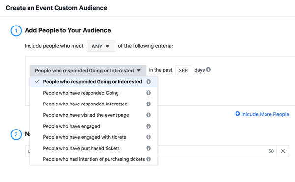 Så här marknadsför du ditt liveevenemang på Facebook, steg 11, skapar en anpassad publik för personer som svarade eller gick intresserade av ditt evenemang
