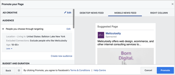 Facebook kommer automatiskt att fylla i publikinställningarna baserat på din platssida. 