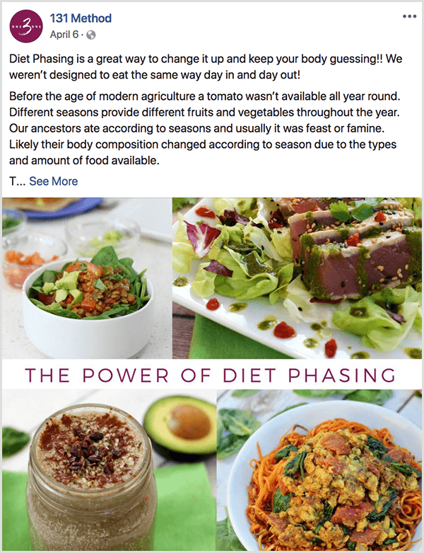 131-metoden på Facebook-sidan publicerar om dietfasning.