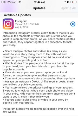 instagram app berättelser uppdatering
