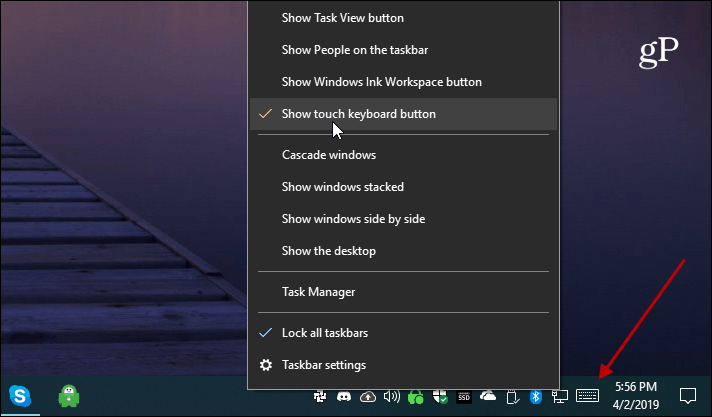Windows 10 Visa touch-tangentknapp