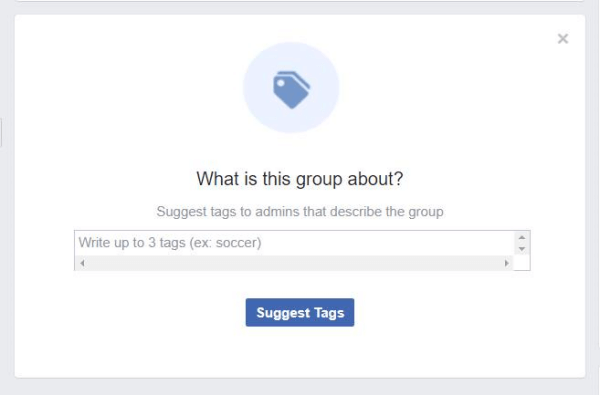 En popup som finns i Facebook-grupper ber medlemmarna att föreslå taggar som beskriver gruppen.