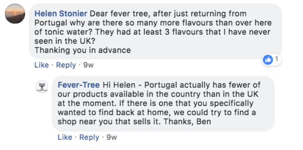Exempel på feber-träd som svarar på en kunds fråga i ett Facebook-inlägg.