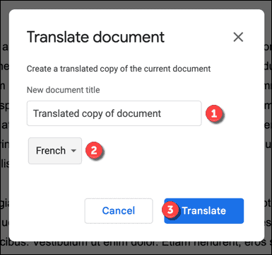 Översättningsalternativ i Google Dokument
