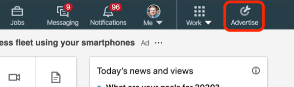 skärmdump av Annonsera-knappen på LinkedIn