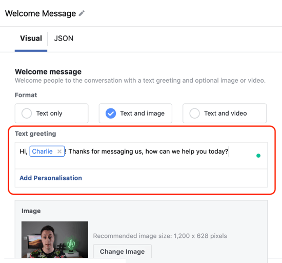 Så här riktar du in varma leads med Facebook Messenger-annonser, steg 12, exempel på anpassad mall för anpassad mall för personal
