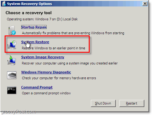 Windows 7-systemåterställningen är lätt att komma åt från reparationsboto-läget
