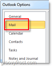 Klicka på fliken för e-postalternativ i Outlook 2010
