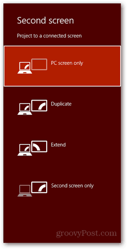  Windows 8 kortkommando ansluta ny skärmdialog PC-skärm duplikat utvidga endast andra skärmen
