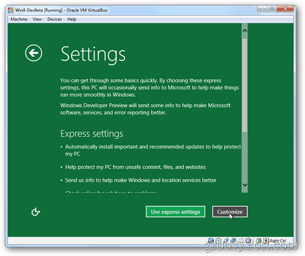 VirtualBox Windows 8 uttrycker eller anpassar installationen