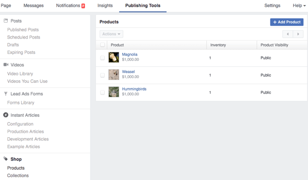 facebook publiceringsverktyg butiksektion
