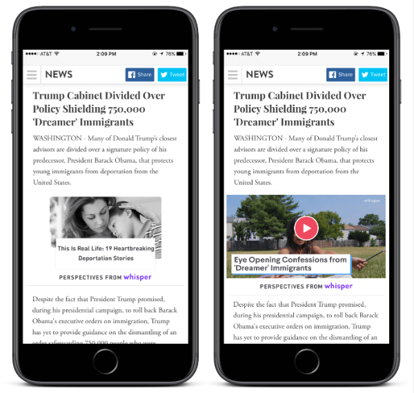 Med Whispers nya Perspectives-widget kan alla utgivare lägga till en artikel för att ge sina läsare kontextuellt relevanta perspektiv från miljoner Whisper-användare.