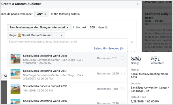 Facebook Ads Manager skapar anpassad målgrupp baserat på händelseengagemang