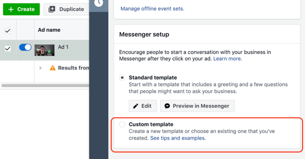 Så här riktar du in varma leads med Facebook Messenger-annonser, steg 10, alternativ för anpassad mall för Messenger-destination