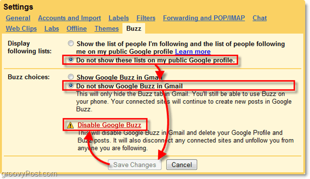 i gmail-inställningar klickar du på fliken Google Buzz