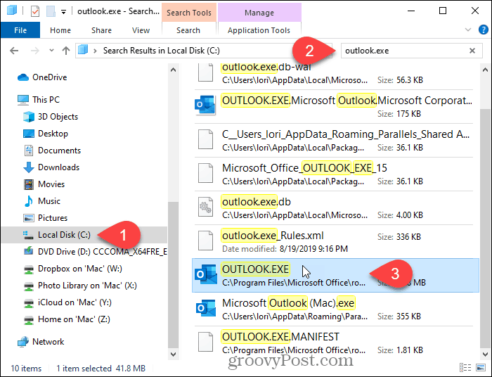 Sök efter Outlook i File Explorer