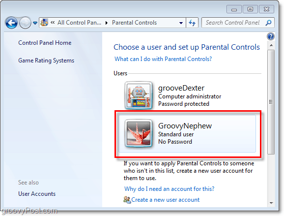 välj en användare att justera egenskaperna för föräldrakontroll i Windows 7