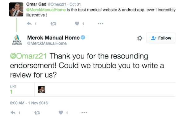 Merck Manual Home uppmuntrar en kund att lämna en recension för sin app.