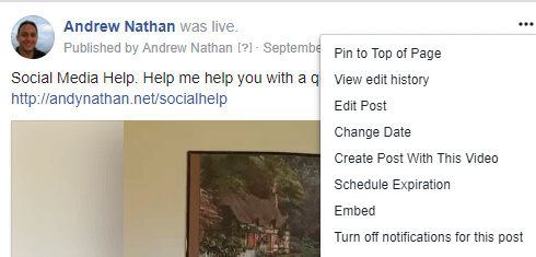 För att få inbäddningskoden till ett Facebook Live-videopost, klicka på menyn med tre punkter och välj Bädda in.
