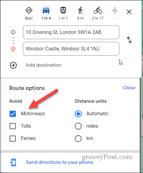 Ställ in för att undvika motorvägar i Google Maps