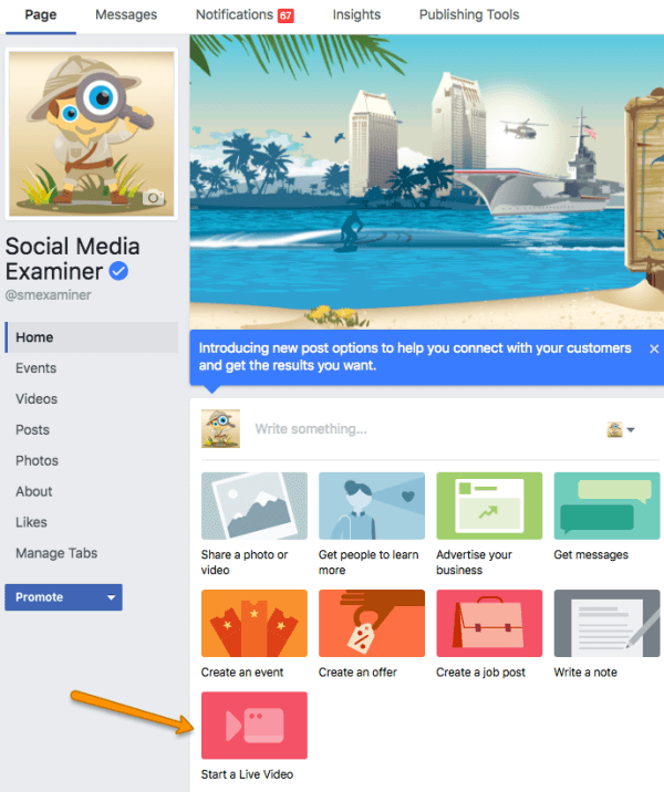 Facebook rullar ut möjligheten att sända live på en sida eller grupp från skrivbordet. Sidadministratörer kan gå live genom att klicka på knappen "Starta en livevideo" i de nya inläggsalternativen på deras sida. 