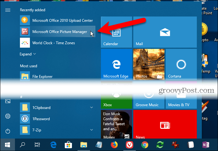 Microsoft Office Picture Manager under Nyligen tillagd på Windows 10 Start-menyn