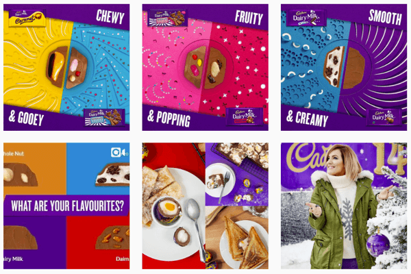 Instagram-flödet för Cadbury fokuserar på deras ikoniska lila färg.