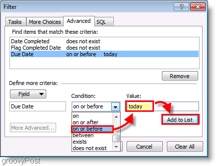 Skärmdump: Outlook 2007 Uppdragsfilter för inställningsfält idag