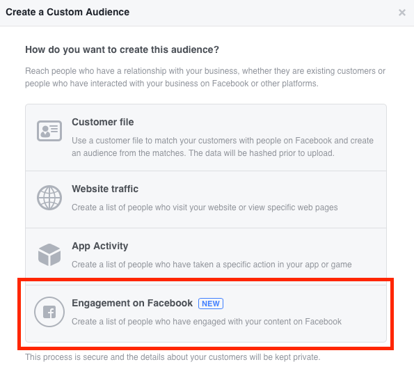 Välj Engagement på Facebook när du skapar din anpassade videopublik.