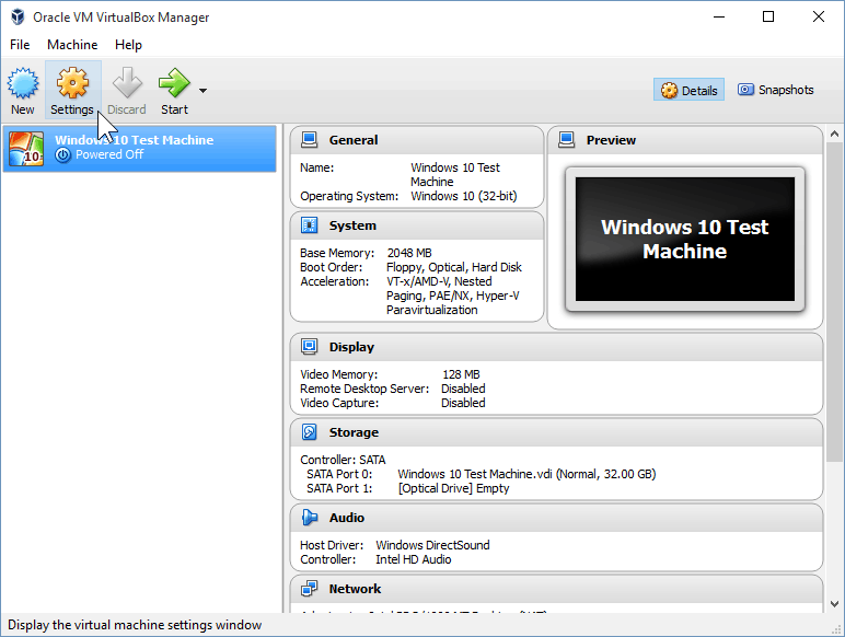 09 Öppna VirtualBox-inställningar (Windows 10 Installera)