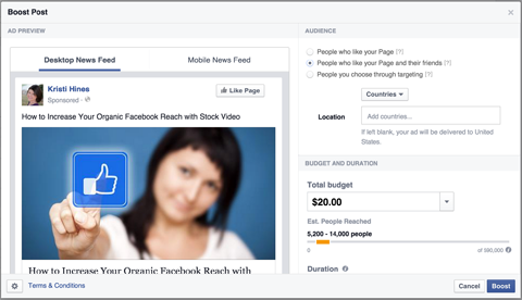 facebook bok boost post-knappen konfiguration