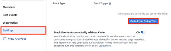 Använd Facebook Event Setup Tool, steg 2, Gå till knappen för Event Setup Tool under fliken Inställningar