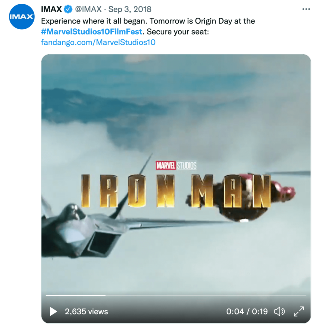 bild av IMAX-tweet om Marvel Studios 10-åriga filmfestival