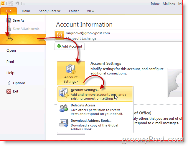 Outlook 2010 Skärmdump Kontoinställningar