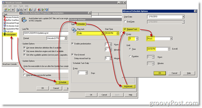 Konfigurera McAfee VirusScan för att leta efter uppdateringar varje timme