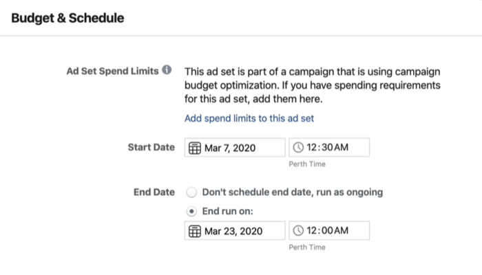 Budget & schema avsnitt på annonsnivå i Facebook Ads Manager