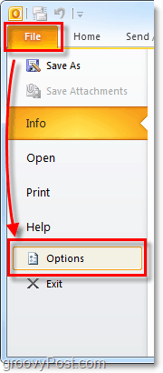 öppna alternativ för Outlook 2010