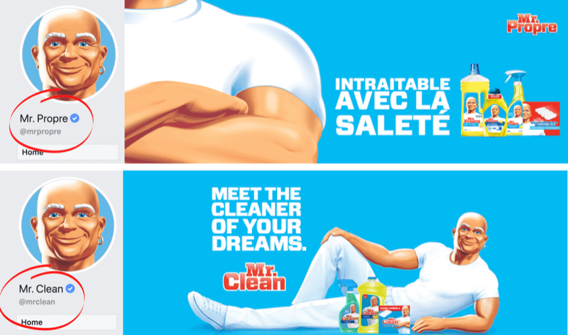 Facebook-sida och omslagsbild som visar språkskillnader för märket Mr. Clean på marknaderna i Frankrike / Belgien och USA