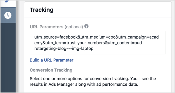 I Ads Manager lägger du till dina spårningsparametrar (allt efter frågetecknet) i rutan URL-parametrar.