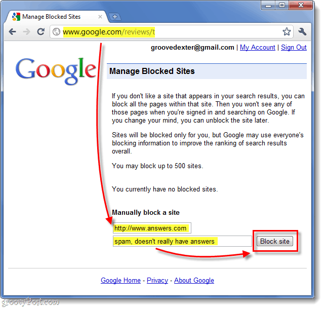 blockera en webbplats manuellt från Googles sökresultat 