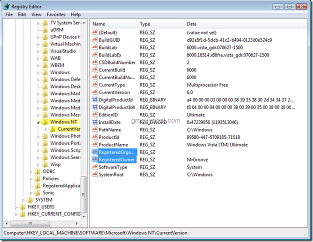 Windows Registry Editor Skärmdump
